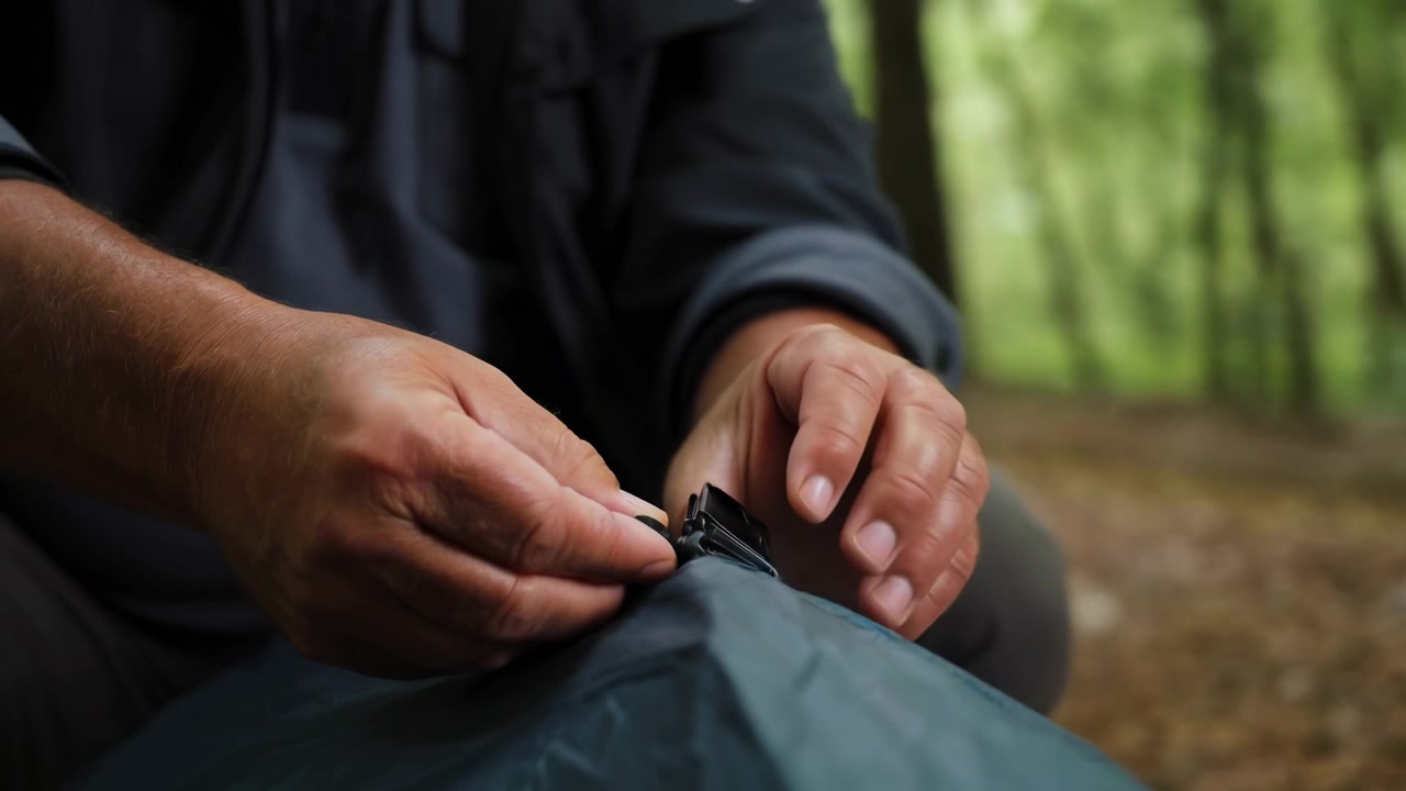 Pria dewasa dengan hati-hati menyesuaikan atau mengikat tali tenda di tengah hutan yang tenang dengan dedaunan hijau lebat, bidikan close-up yang menangkap gerakan tangan yang detail, menekankan konsentrasi dan fokus di alam
