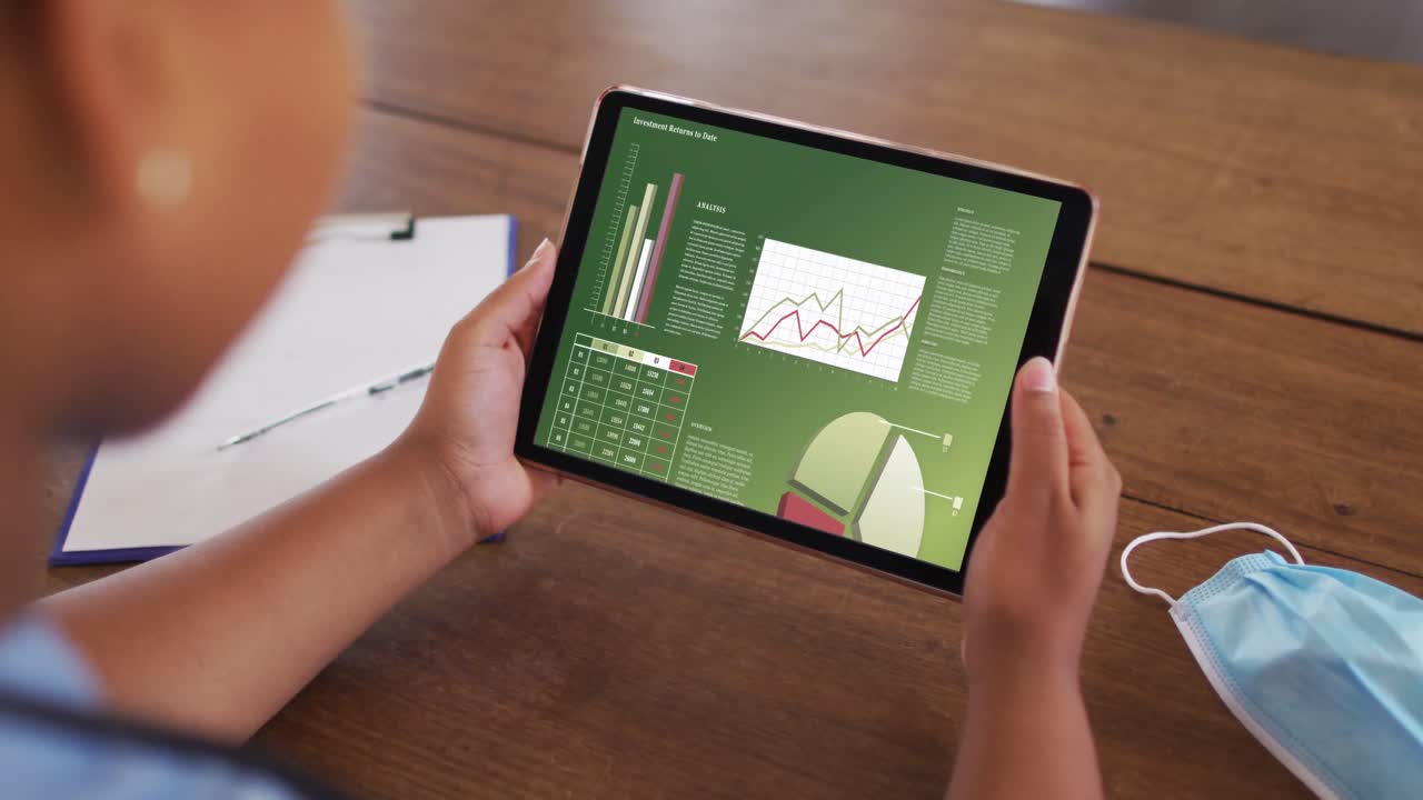 manos de un hombre caucásico sentado en un escritorio con una máscara facial, usando una tableta con estadísticas en la pantalla