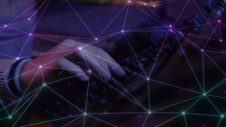 Woman pressing keys widening revealing mixer laptop network linking hand to gear, producing music