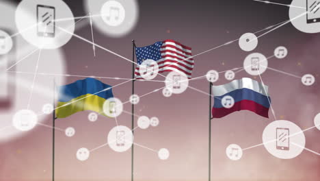 animation of network of connections with icons over national flags