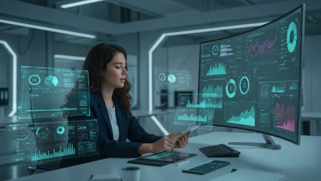 a professional woman analyzing data on high-tech monitors: a glimpse into modern data analysis and visualization practices in the workplace