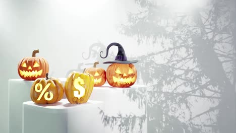 halloween-themed display with carved pumpkins on platforms, one with a witch hat and others with percentage and dollar signs, shadows of branches on a white background