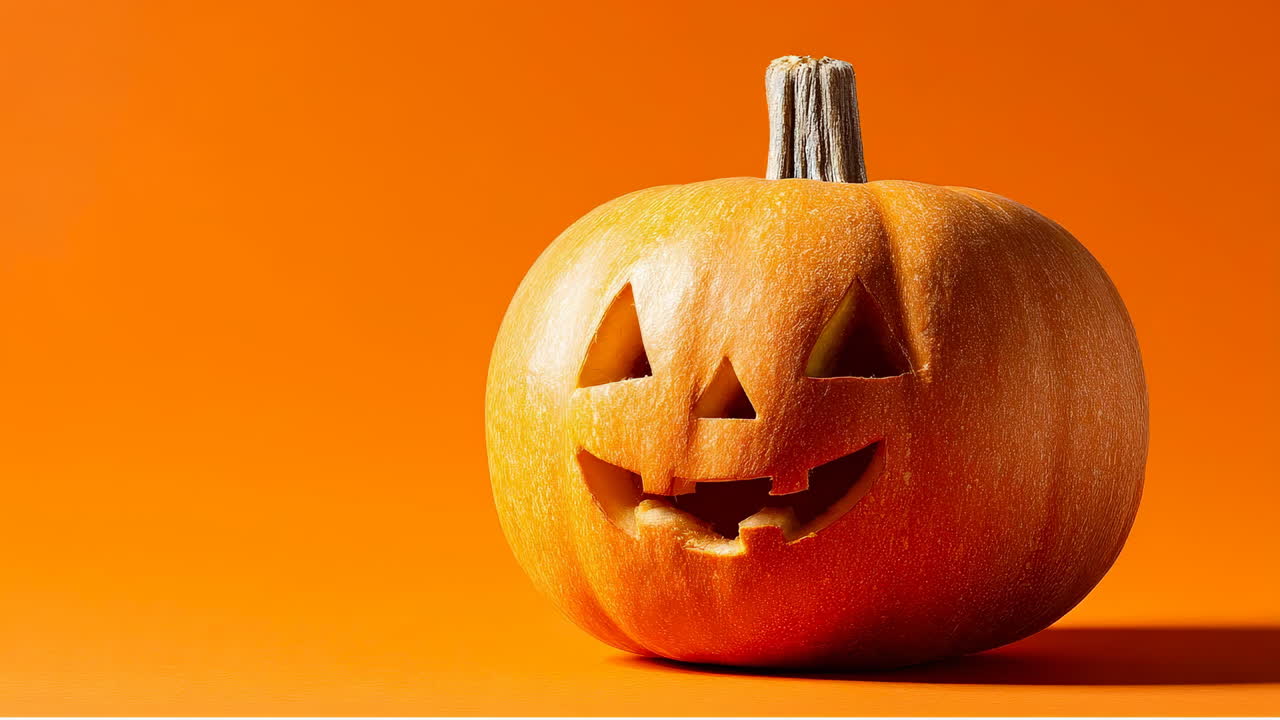Pumpkin against orange backdrop. A pumpkin with a smiling face design is set against an orange background. The pumpkin has light shining from inside