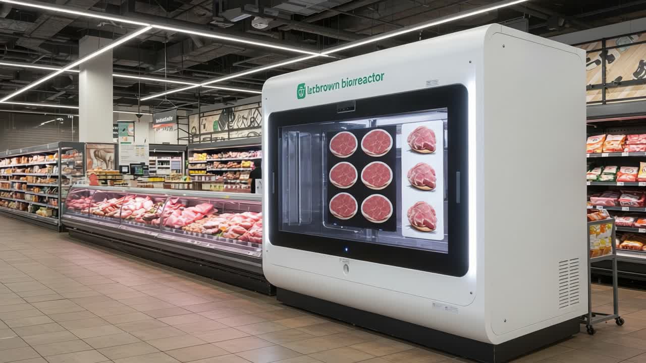 Innovative Bioreactor Vending Machine Located in Grocery Store Offering Fresh Meat Options with High-tech Display and Convenient Accessibility for Customers