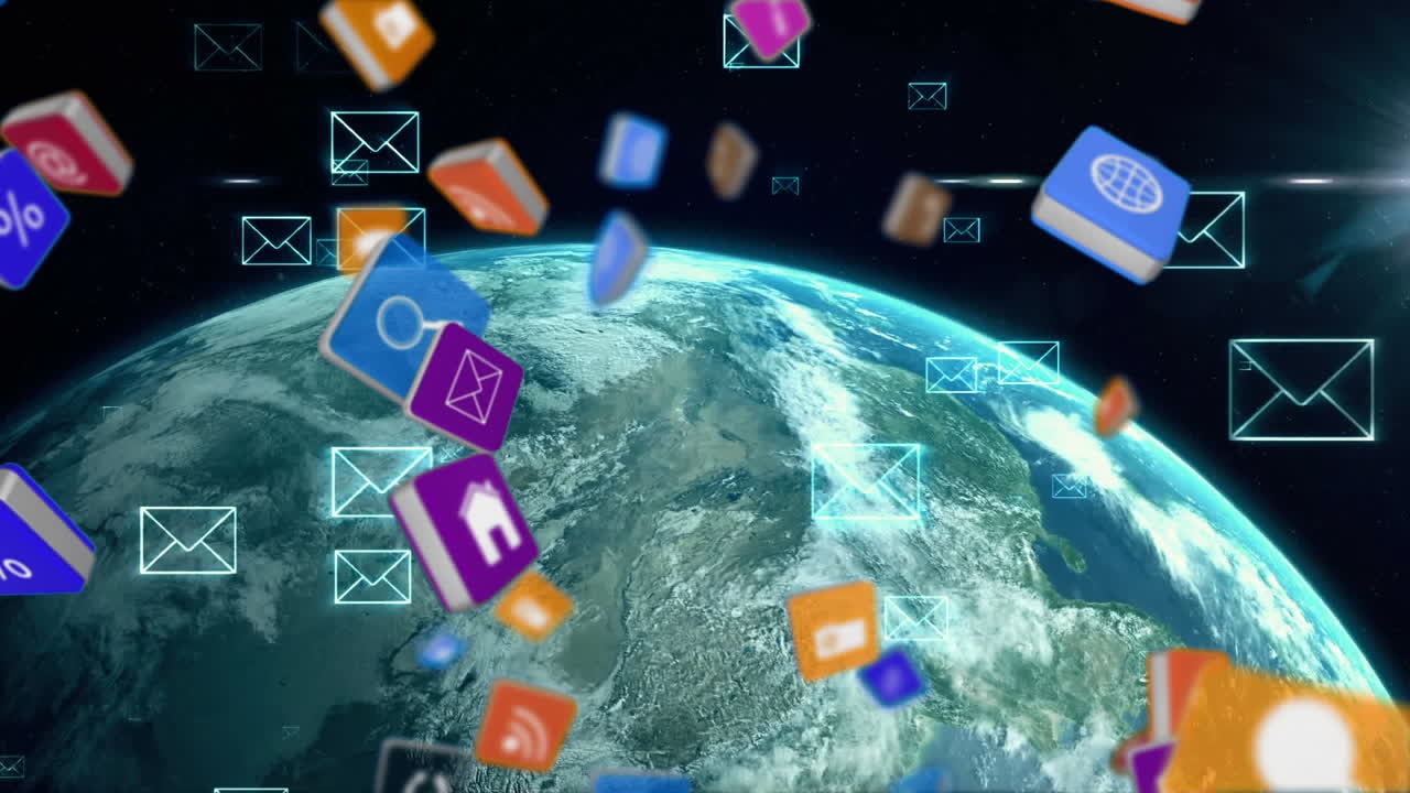 y iconos de aplicaciones en línea en cuadrados y un globo