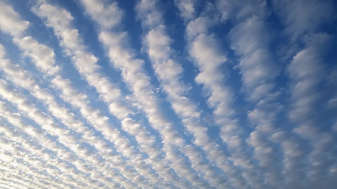 Skiftende altocumulus-rader som endrer form fra bakken etter hvert som vindskjæret og solens vinkel endres, sol nede til venstre