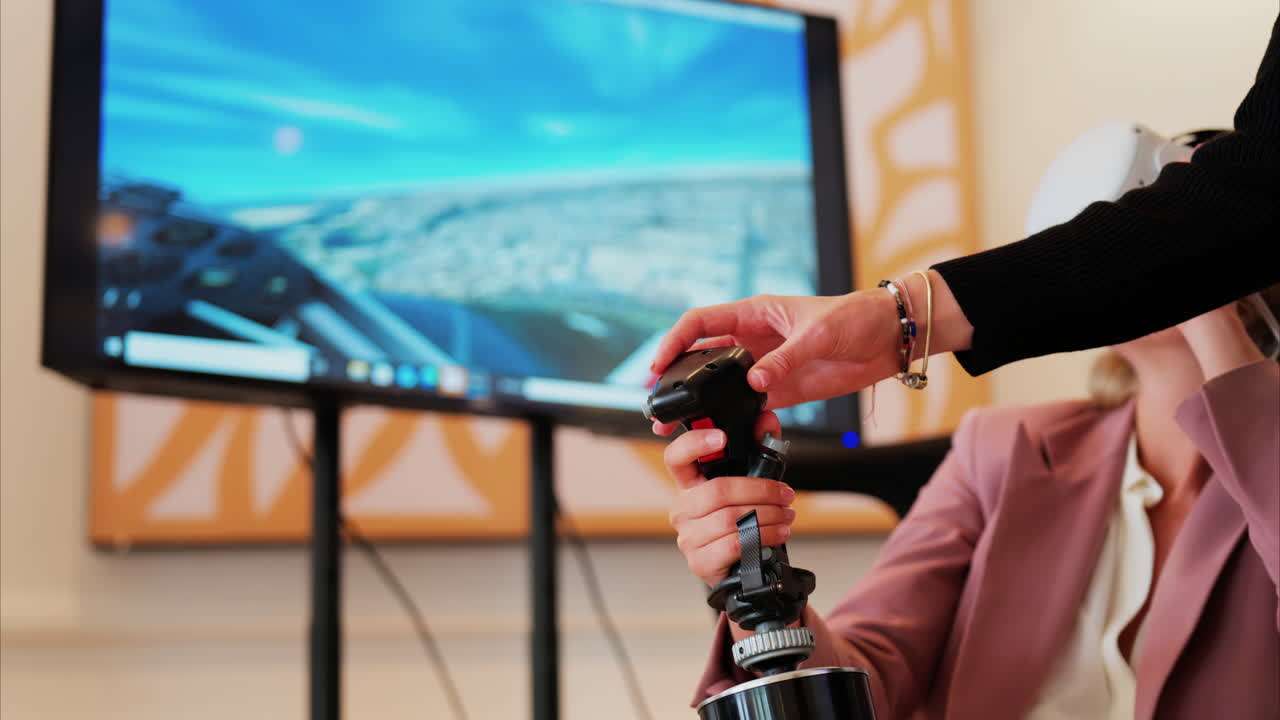 Woman wearing a Virtual Reality headset, playing games, holding a handle