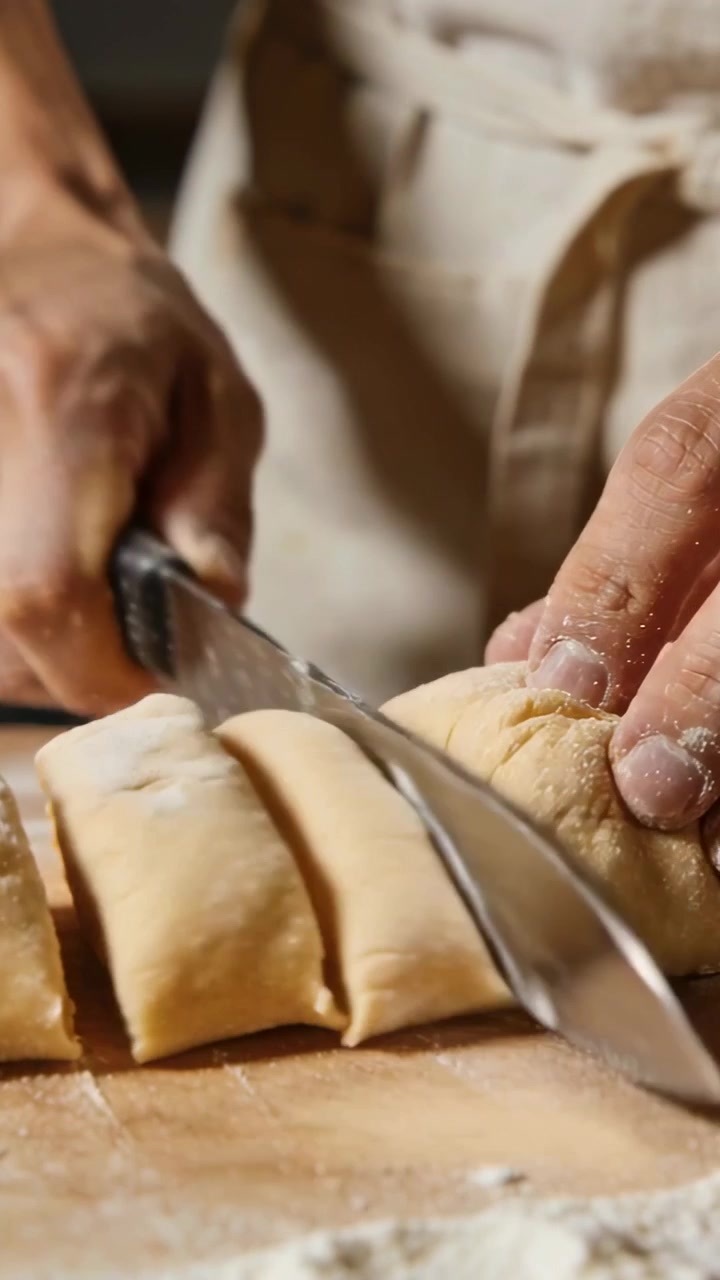 Vertical video: Bringing chef knife down, aproned hands slicing dough on board with flour for prep
