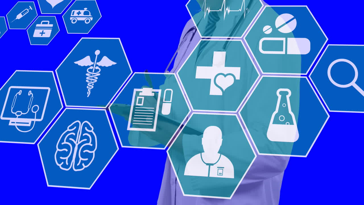 노트북을 들고 있는 백인 남성 의사 위에 의료 아이콘의 애니메이션