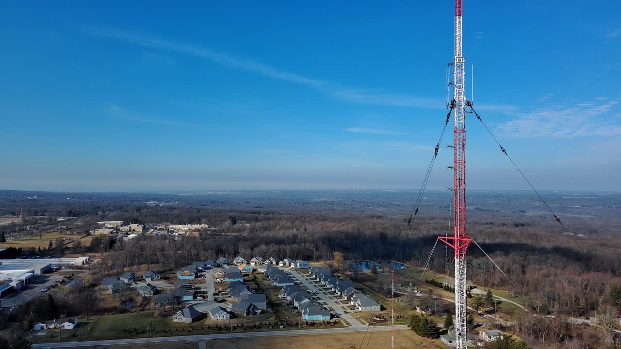 Aerial View of a Communication Tower in a Residential Area