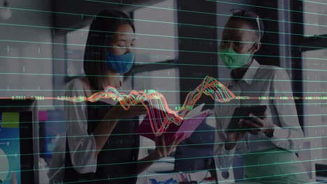animación del procesamiento de datos financieros sobre un grupo diverso de empresarios que llevan máscaras faciales