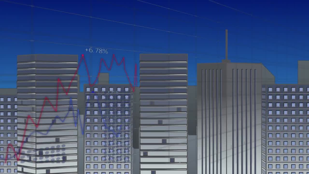 Animazione di statistiche ed elaborazione dati su un paesaggio urbano.