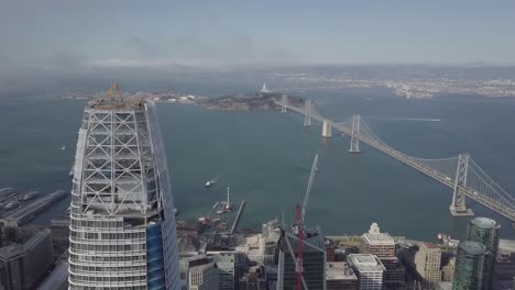 san francisco downtown with bay bridge aerial