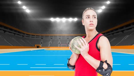 Animation-of-caucasian-female-handball-player-holding-ball-over-sports-stadium