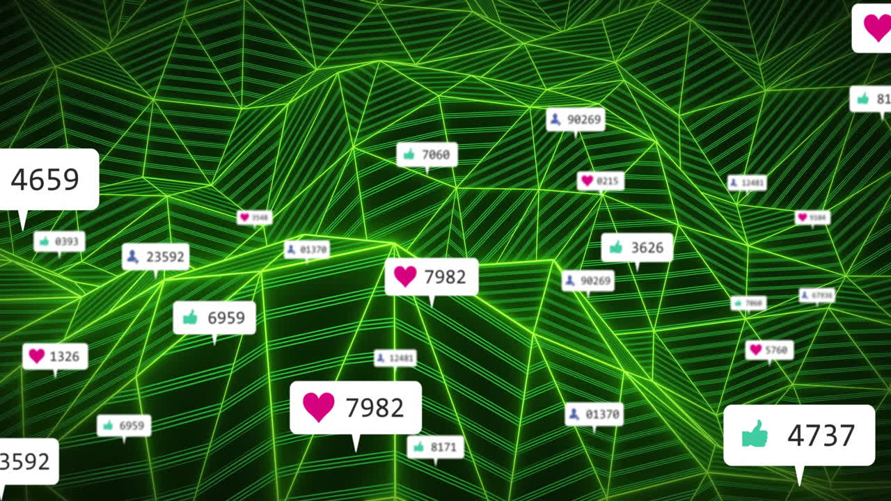 녹색 mesh 위에 숫자와 아이콘으로 연결 네트워크의 애니메이션