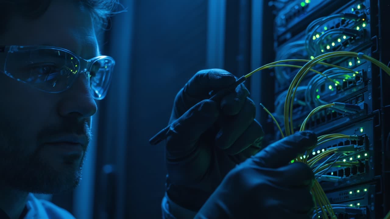 Skilled Technician Adjusting Network Cables in a Server Room, Showcasing Attention to Detail and Technical Expertise in a Modern Data Center Environment
