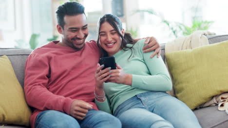 Couple,-hug-and-talk-on-sofa-with-phone-for-social