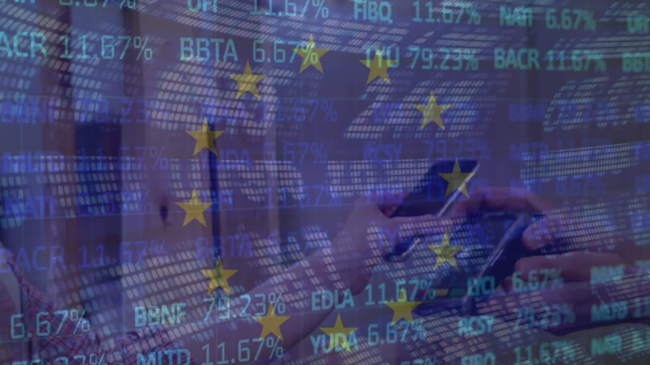 Animation of stock market and flag of eu over diverse people paying with smartphone