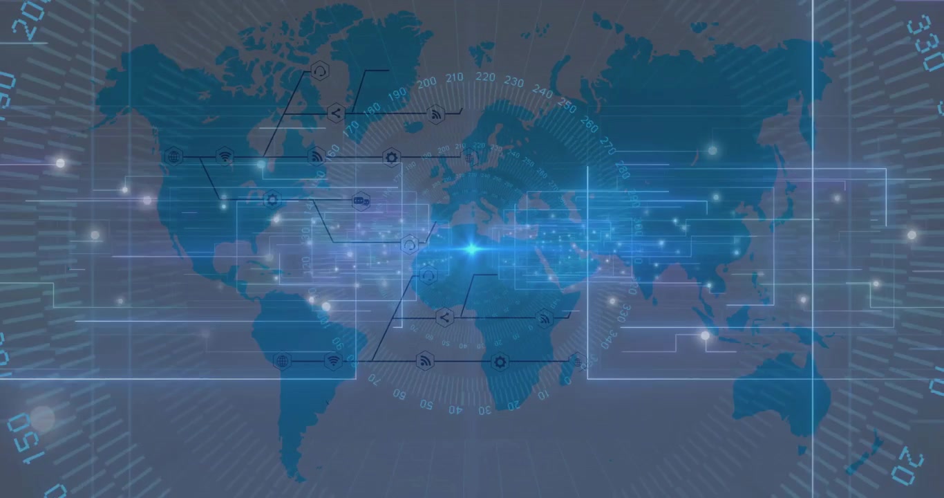 Central node pulsing HUD frames appearing with lines scrolling over world map showing connectivity
