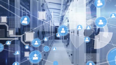 Animation-of-network-of-profile-icons,-round-scanner-and-light-spot-against-computer-server-room