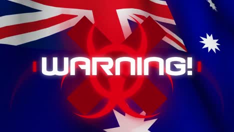 animación de la palabra advertencia escrita sobre una bandera australiana en el fondo.