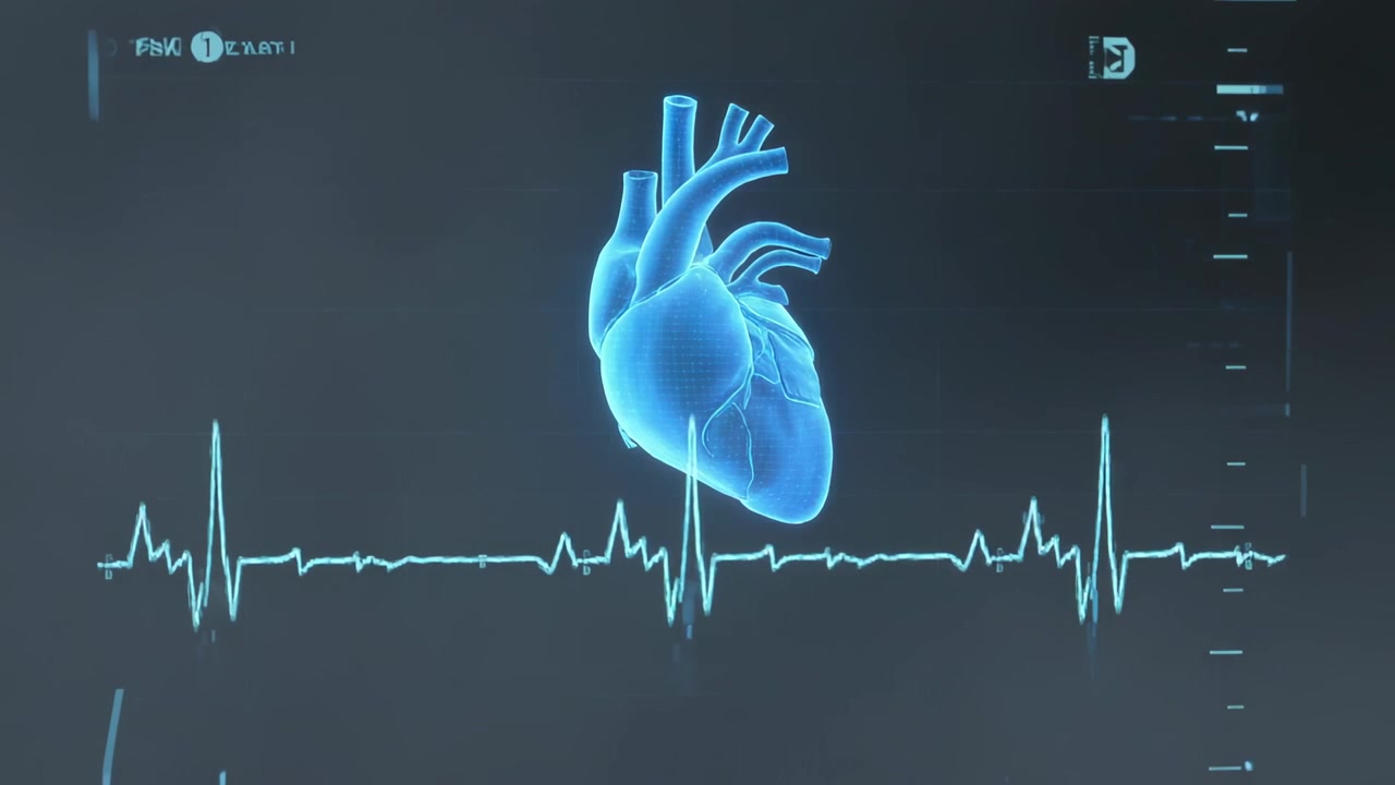 Un cuore 3D blu traslucido che pulsa, fluttuando sopra un ECG in scala sullo schermo, sincronizzandosi mentre appaiono i picchi QRS.