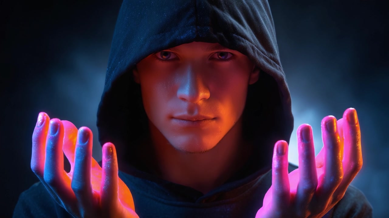 A young man with a hooded sweatshirt focuses on glowing energy in his hands, conveying a sense of mystical power and deep concentration in a dark, atmospheric setting.