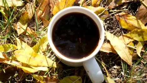 woman hand mixing of hot coffee with a spoon in a mug outdoors. autumn background.