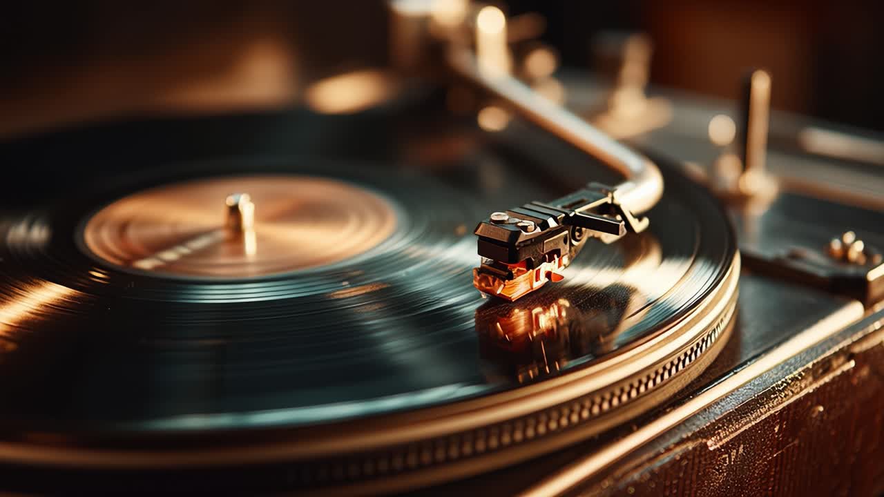 Vintage turntable playing a vinyl record, warm light and reflections