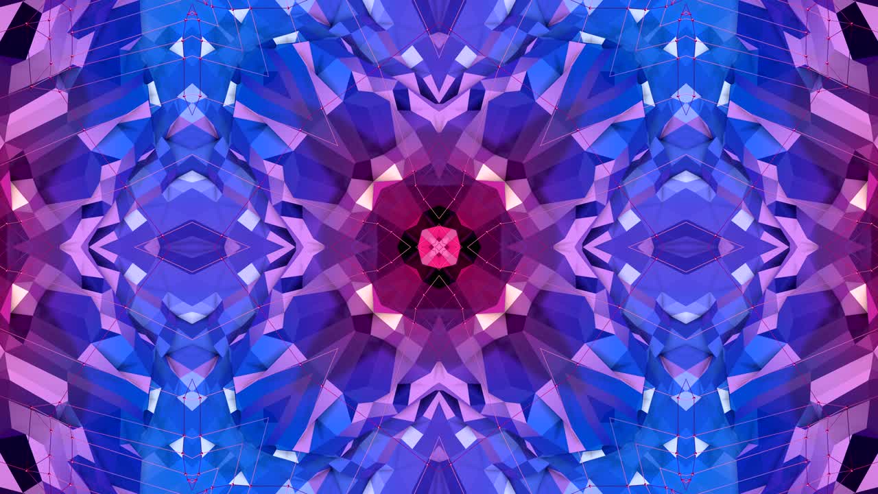 fondo abstracto geométrico redlow azul como un efecto de vidriera o caleidoscopio en movimiento en 4k. animación 3d de bucle, imágenes sin costuras en el popular estilo low poly. v12