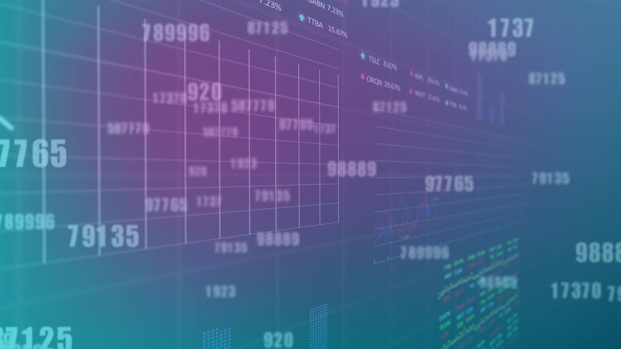 animación de números cambiantes en múltiples gráficos y tableros de negociación en un fondo abstracto