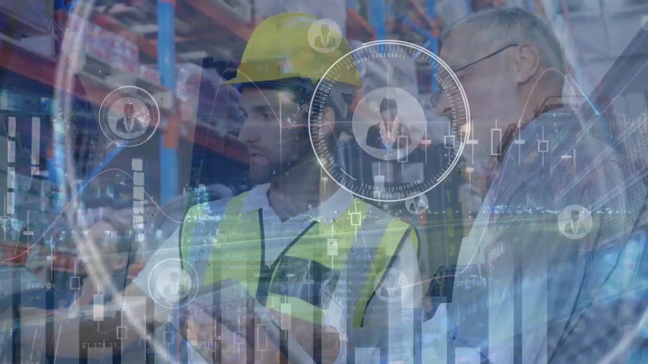 animación de gráficos, iconos de perfil sobre el supervisor caucásico discutiendo con su colega en el almacén