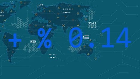 Animation of changing percentage text and data processing over blue world map