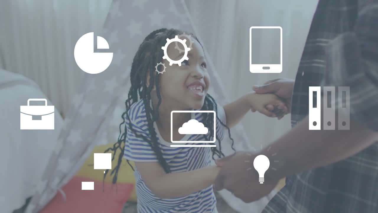 Girl fidgeting cushion causing father offering hand guiding twirling with tech icons for learning