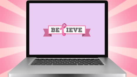 animación del logotipo de la cinta rosa y el texto en la pantalla del portátil