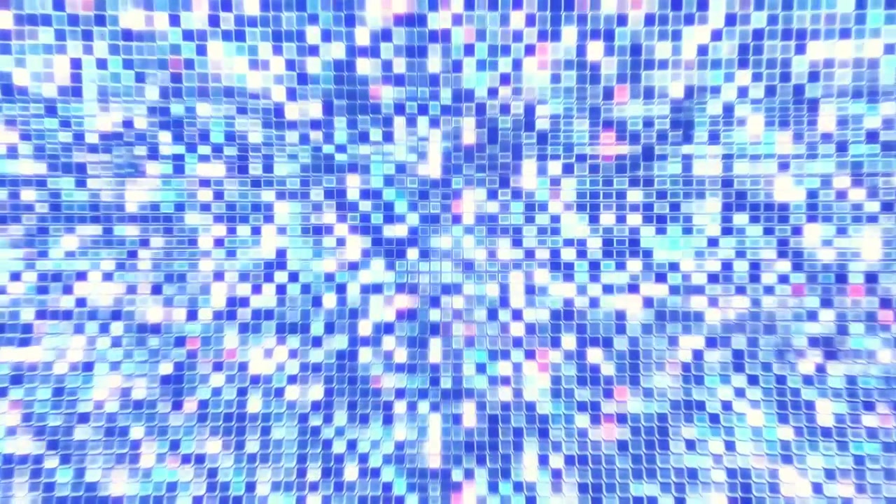 Dense field of small glossy square tiles in blue and cyan tones with central white highlights, subtle magenta flecks, reflective surfaces, soft pulsing glow, clean geometric abstraction