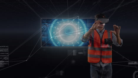 animation of network of connections and data processing on screen over engineer wearing vr headset