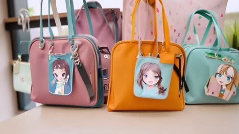 fashion designer presenting a new collection of colorful handbags with custom anime style patches