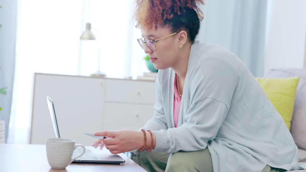 Credit card, laptop and fintech with black woman