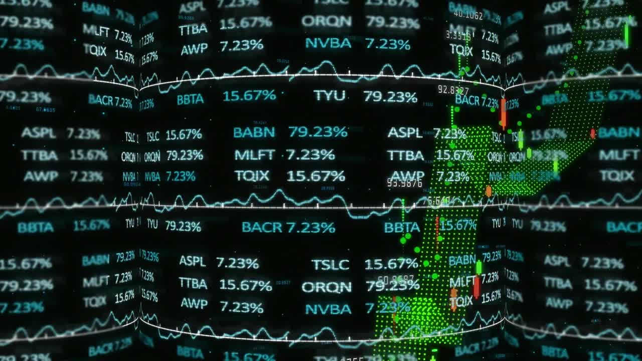 Animation of financial and stock market data processing against black background