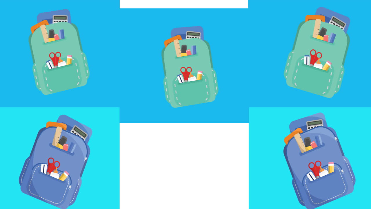 하 ⁇  배경에 움직이는 학교 가방과 함께 파란색 직사각형의 애니메이션