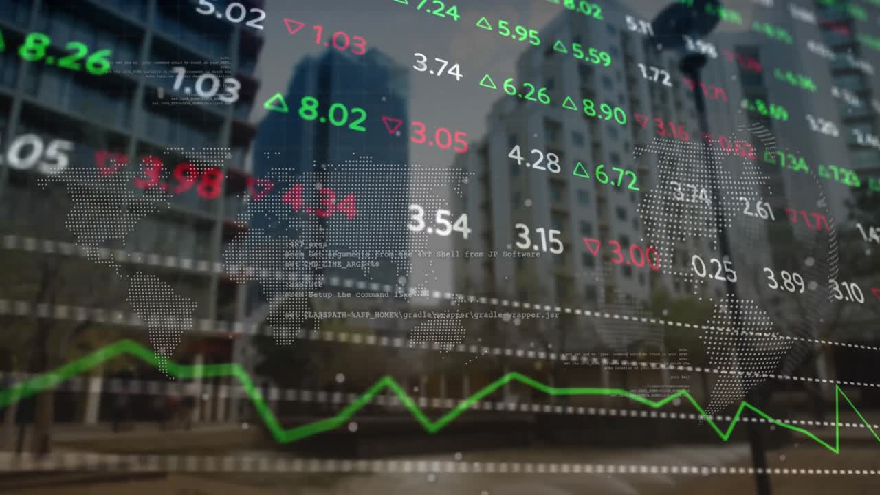animación del procesamiento de datos del mercado de valores sobre el mapa del mundo y el globo giratorio contra edificios altos