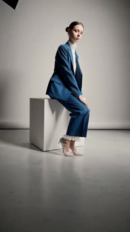 elegant woman in blue suit and high heels sitting on white cube