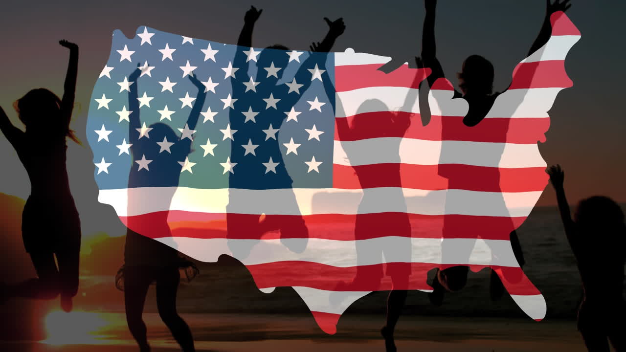 Colorful confetti falling over US flag against silhouettes of people jumping