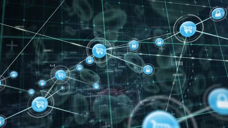 Network-of-digital-icons-over-grid-network-against-covid-19-cells-and-blood-vessels-floating