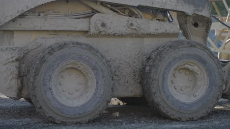 close-up of muddy skid steer wheels on tractor in construction site