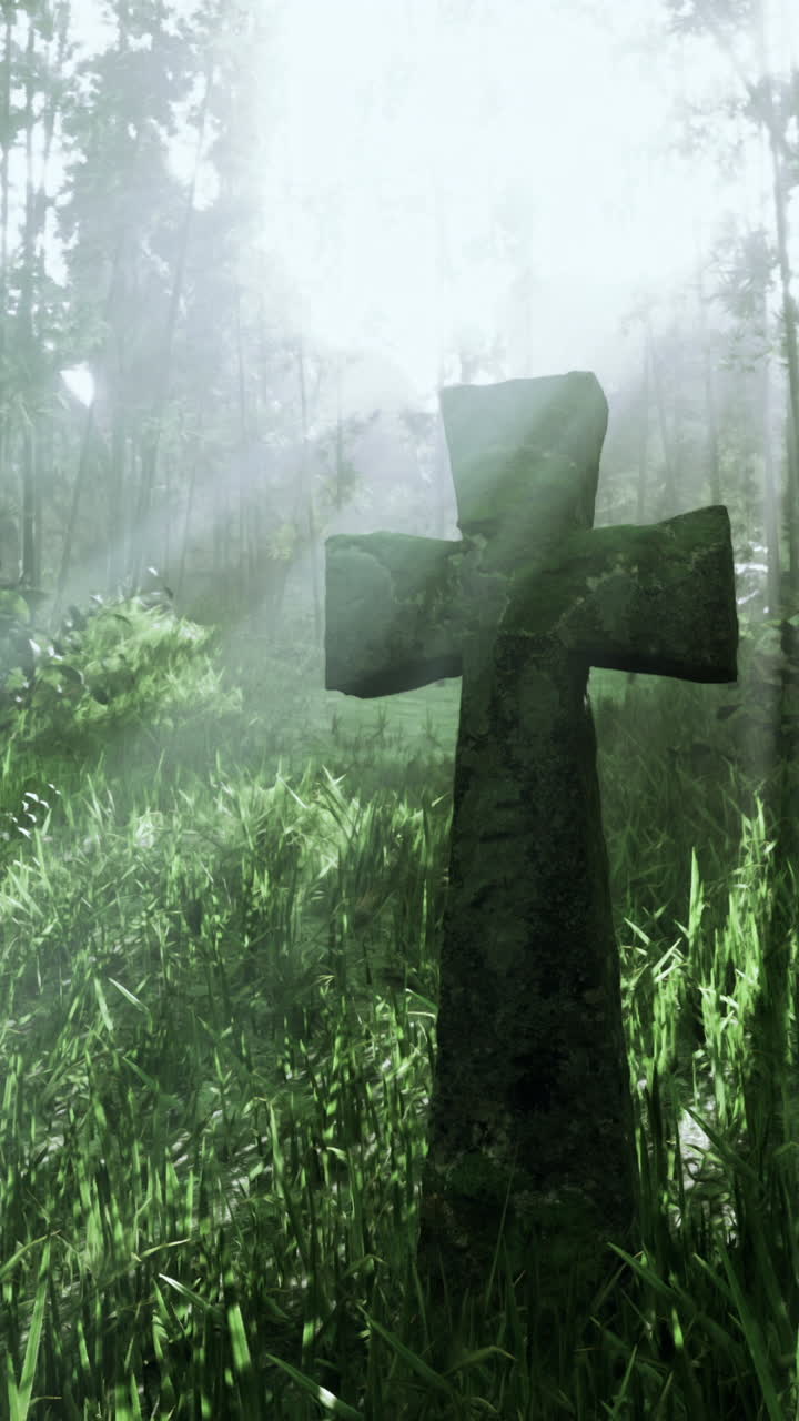 Serenity in nature with a cross amidst lush greenery and soft sunlight