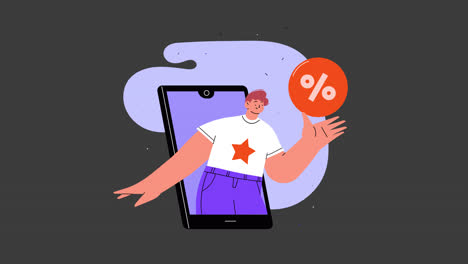hombre en un teléfono inteligente con un icono de porcentaje