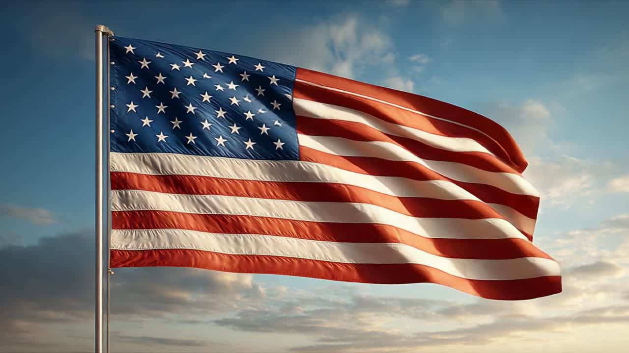 Viftende amerikansk flagg mot en vakker himmel: Et symbol på frihet, historie og nasjonal stolthet fanget i slående detalj i to rammer.