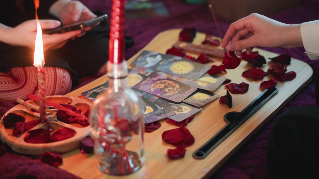 Lettura di tarocchi ravvicinata con candela su vassoio di legno, petali di rosa sparsi, bottiglia di vetro e candela votiva rossa, cartomante che sistema le carte mentre usa la luce dello smartphone per la messa a fuoco, atmosfera calda e suggestiva.